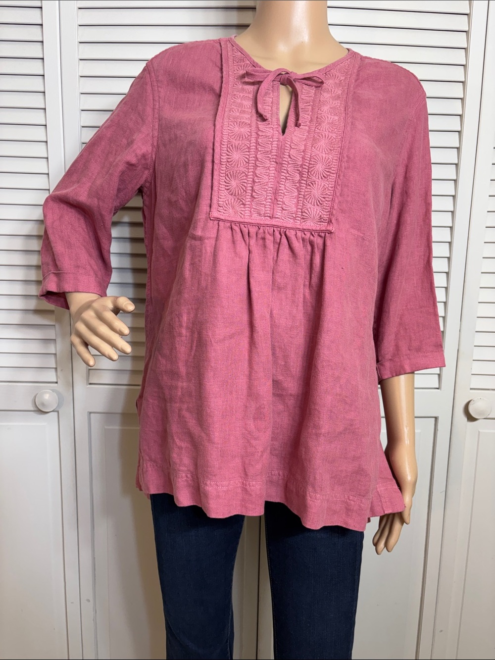 Poetry Rose Pink Embroidered Tie-Neck Linen Tunic Size 12